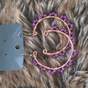 💛THANDMADE EARRINGS HANDCRAFTED COPPER OPEN HOOPS LARGE CANDLE WITH PURPLE BEAD